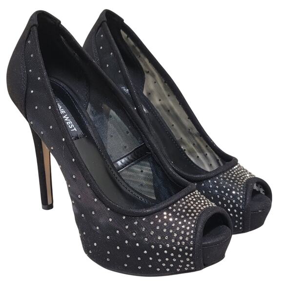 Nine West Women Hizzie Peep Toe Stiletto Heels Size US 6M Black Mesh/Rhinestones - Picture 1 of 4